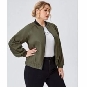 Olive Green Elastic Hem Zip Up Bomber Jacket with Black Collar